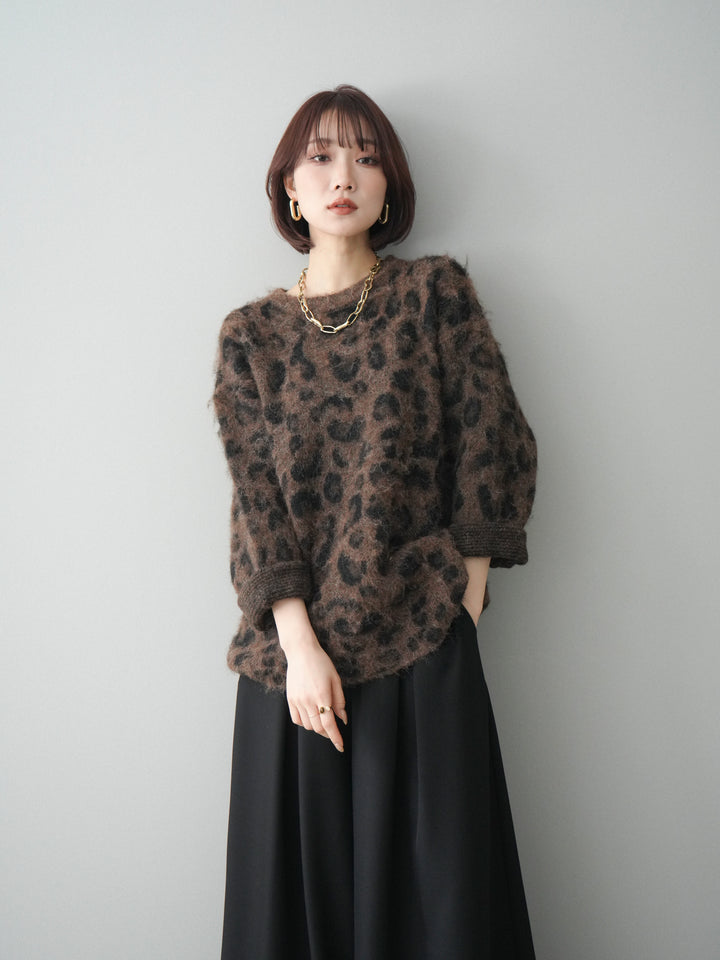 [予約]レオパードシャギーニットプルオーバー/brown