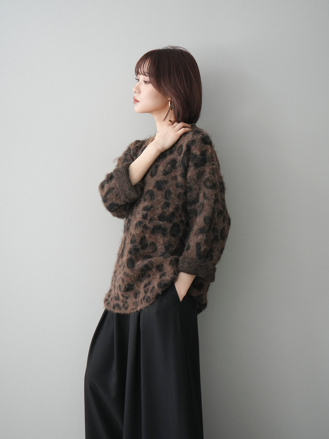 [予約]レオパードシャギーニットプルオーバー/brown