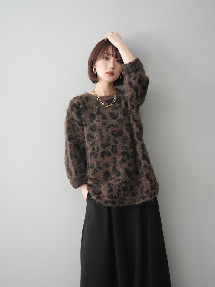 [予約]レオパードシャギーニットプルオーバー/brown