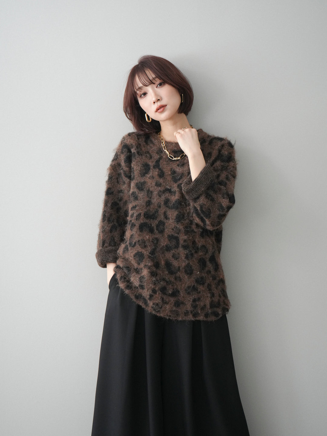[予約]レオパードシャギーニットプルオーバー/brown