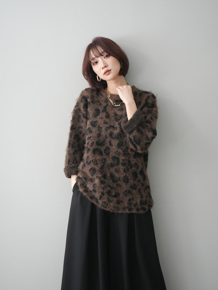 [予約]レオパードシャギーニットプルオーバー/brown