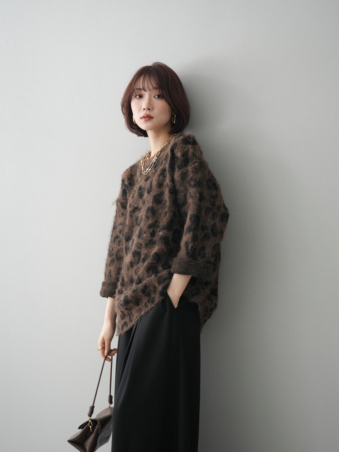[予約]レオパードシャギーニットプルオーバー/brown