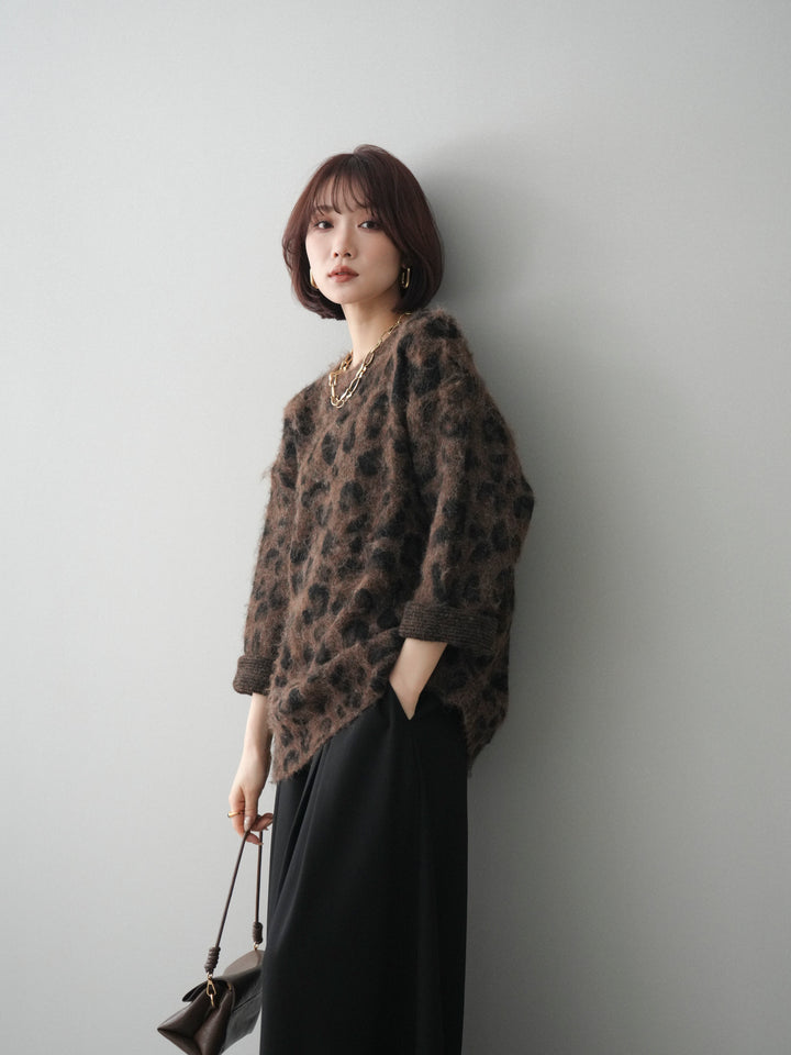 [予約]レオパードシャギーニットプルオーバー/brown
