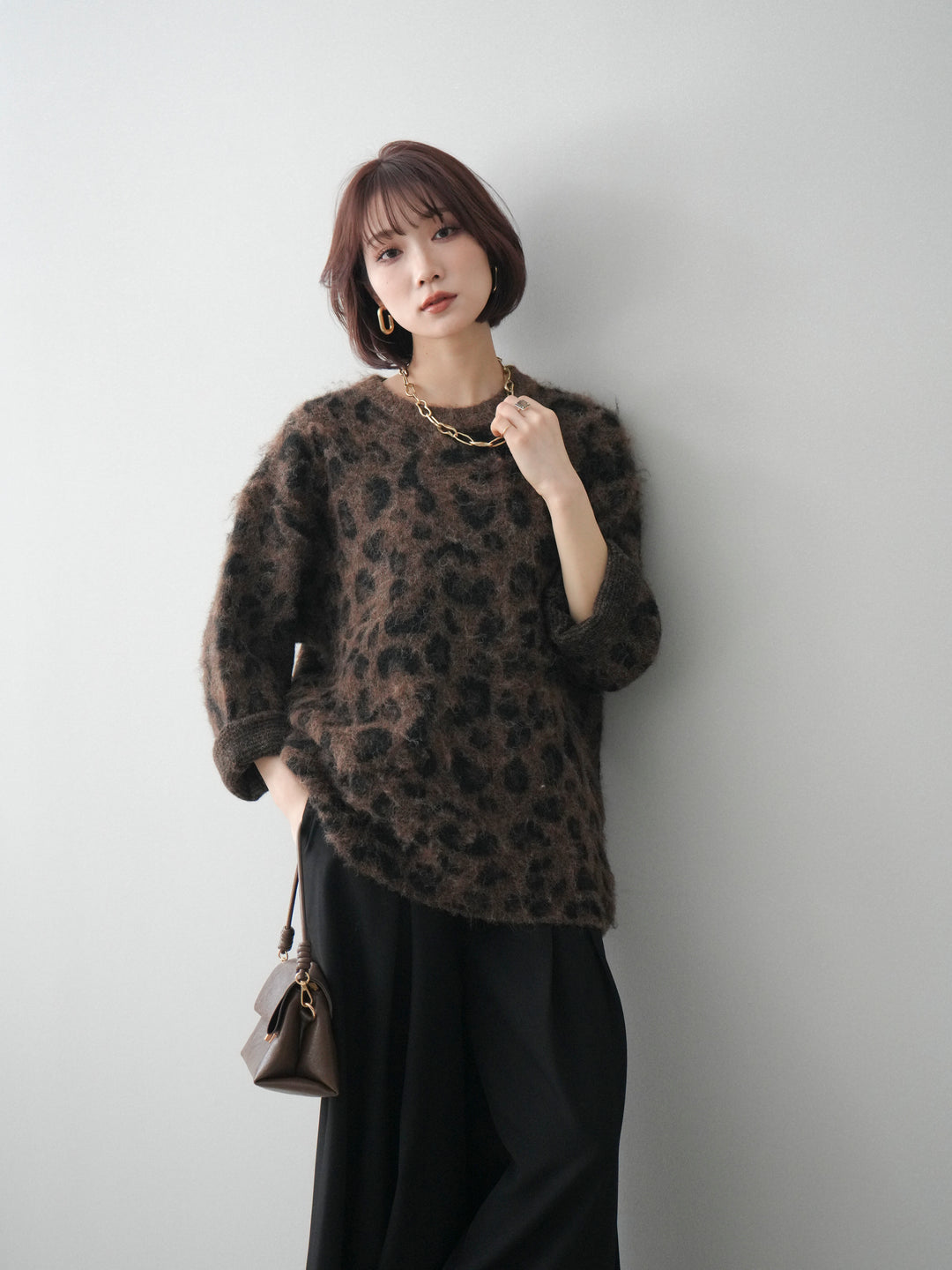 [予約]レオパードシャギーニットプルオーバー/brown