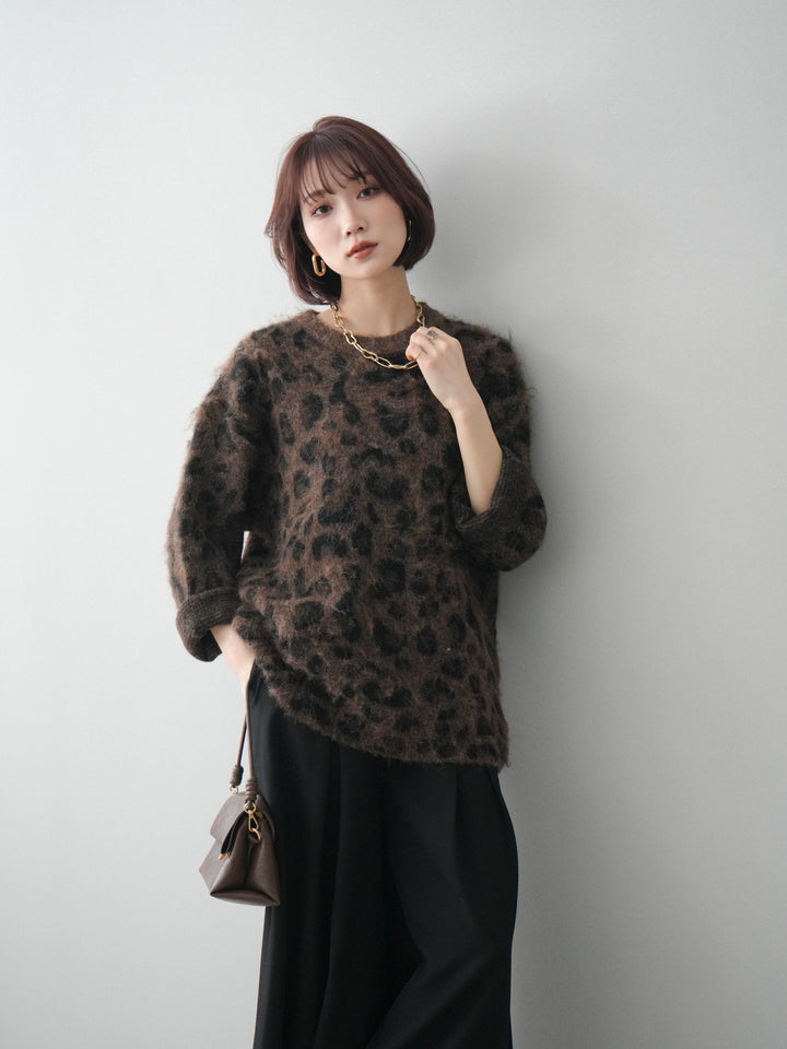 [予約]レオパードシャギーニットプルオーバー/brown