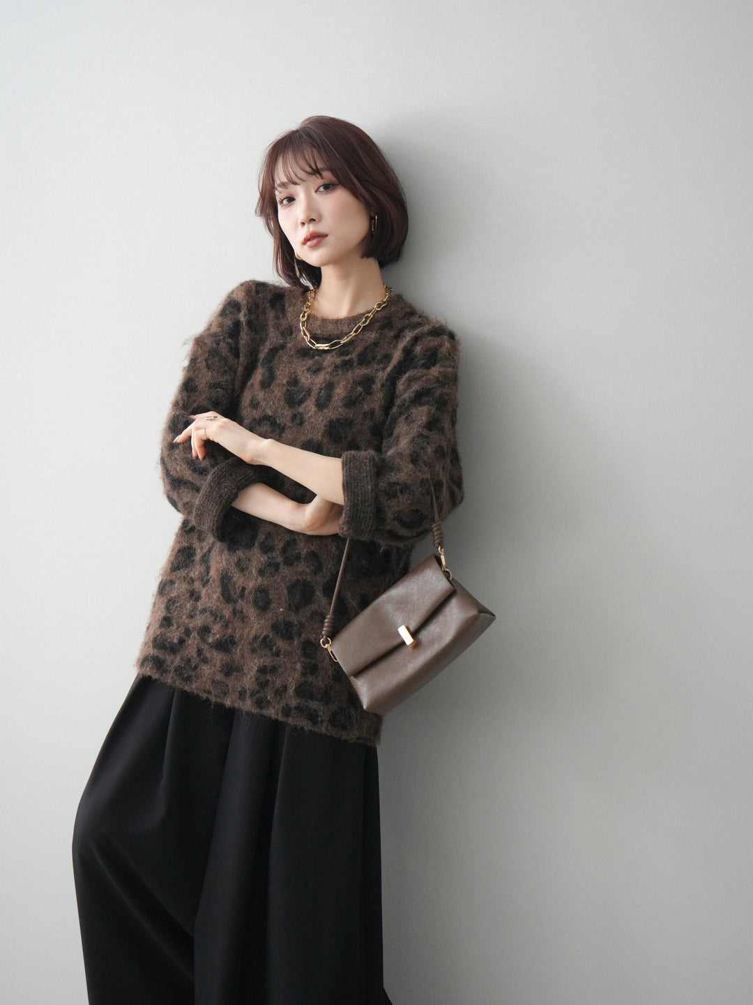 [予約]レオパードシャギーニットプルオーバー/brown