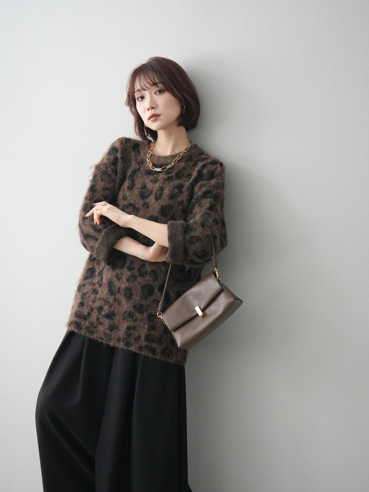 [予約]レオパードシャギーニットプルオーバー/brown