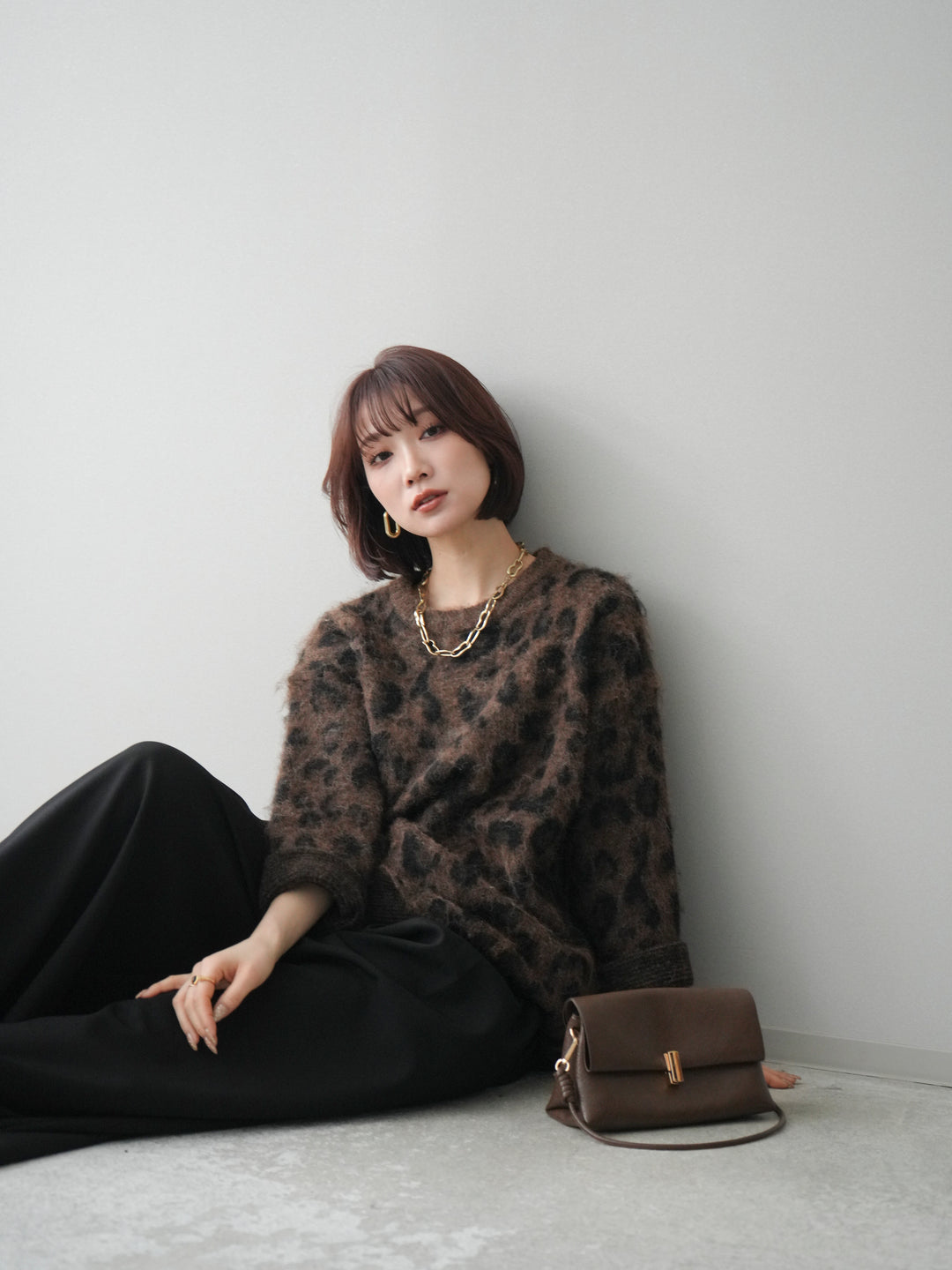 [予約]レオパードシャギーニットプルオーバー/brown