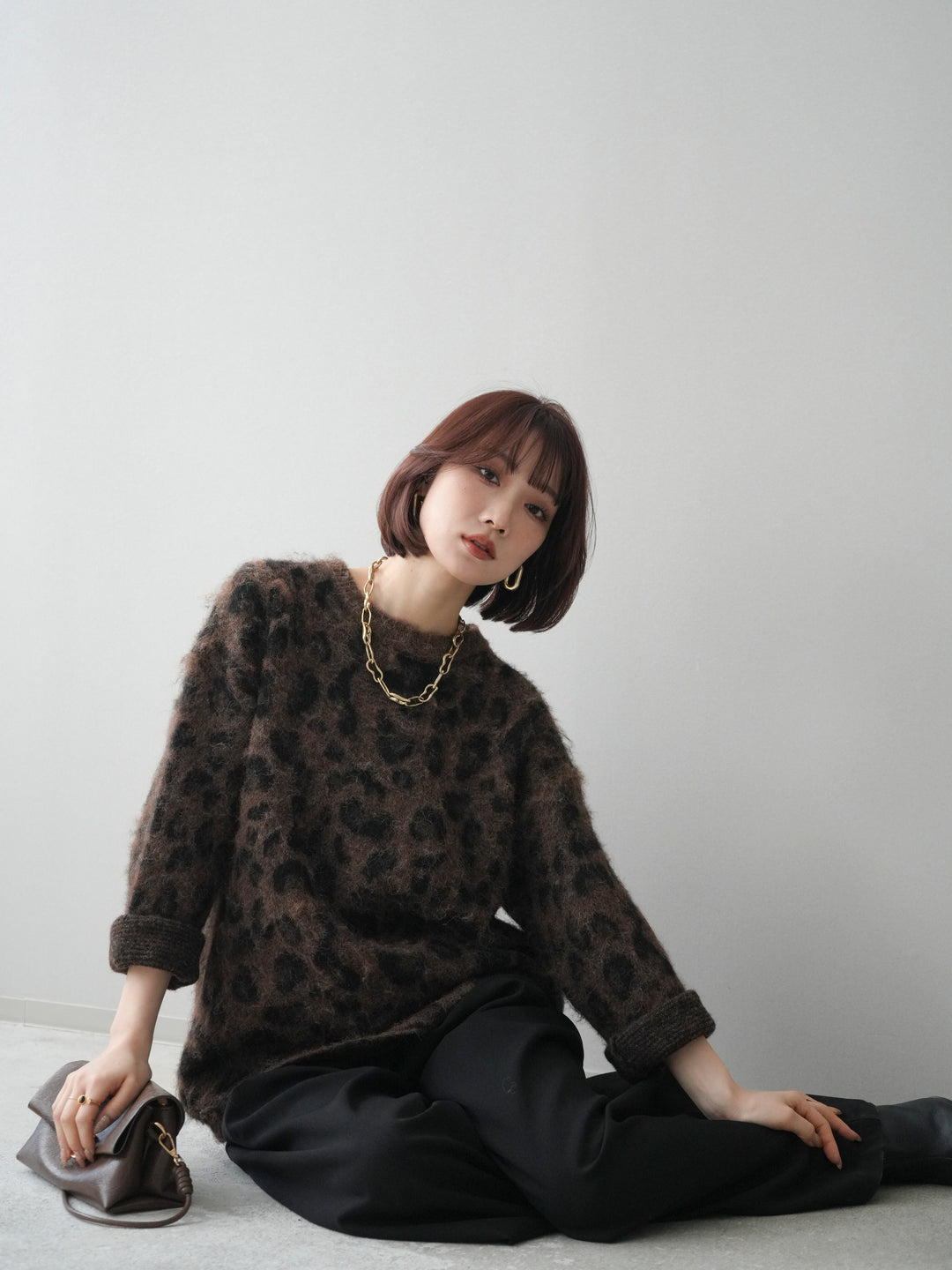 [予約]レオパードシャギーニットプルオーバー/brown