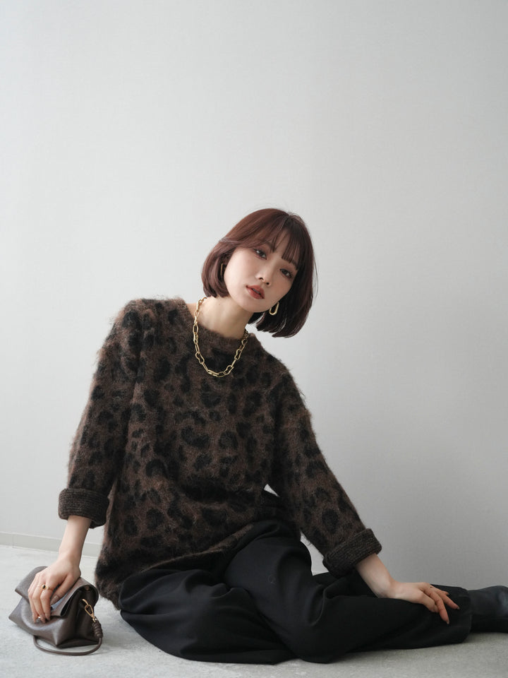 [予約]レオパードシャギーニットプルオーバー/brown