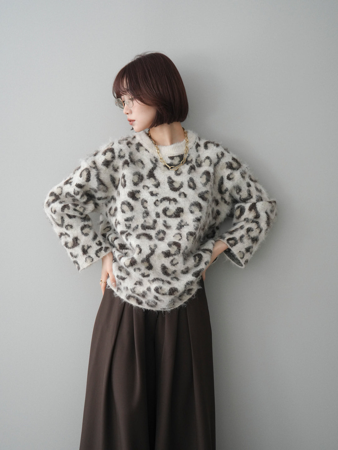 [予約]レオパードシャギーニットプルオーバー/apricot