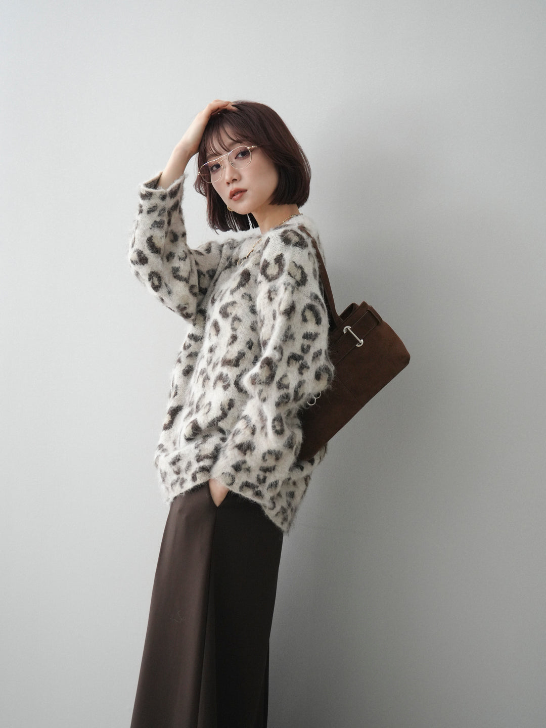 [予約]レオパードシャギーニットプルオーバー/apricot