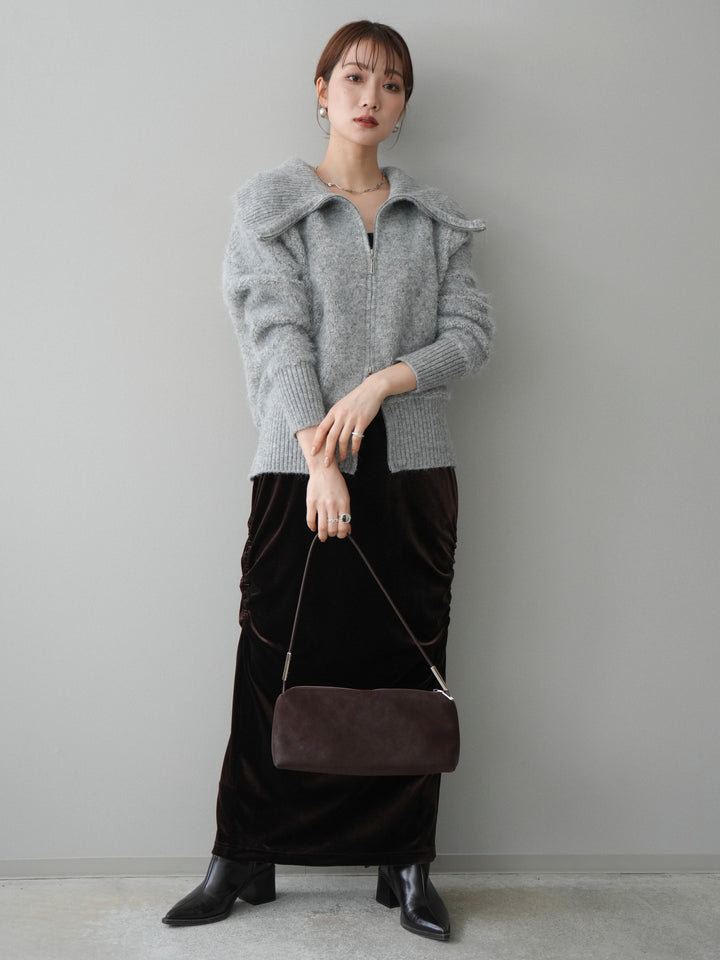 [SET]リブ襟ブークレZIPニットカーディガン+ギャザーベロアスカート(2set)