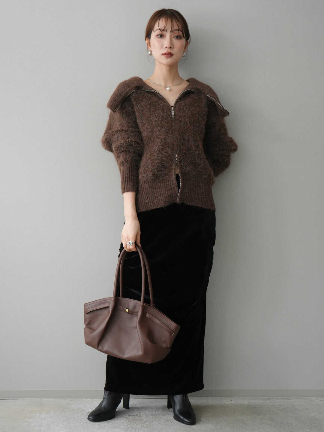 [予約]リブ襟ブークレZIPニットカーディガン/brown