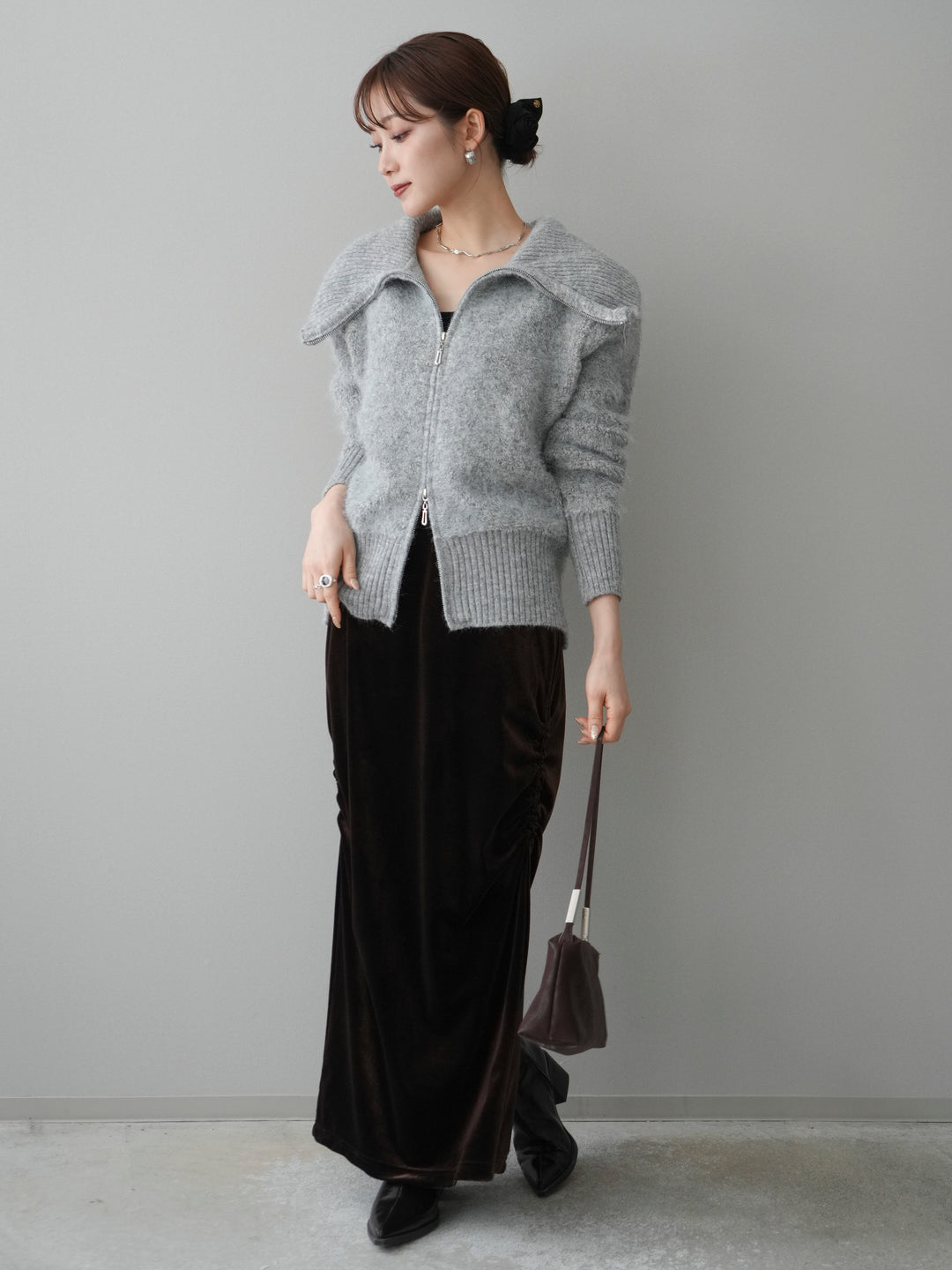 [SET]リブ襟ブークレZIPニットカーディガン+ギャザーベロアスカート(2set)