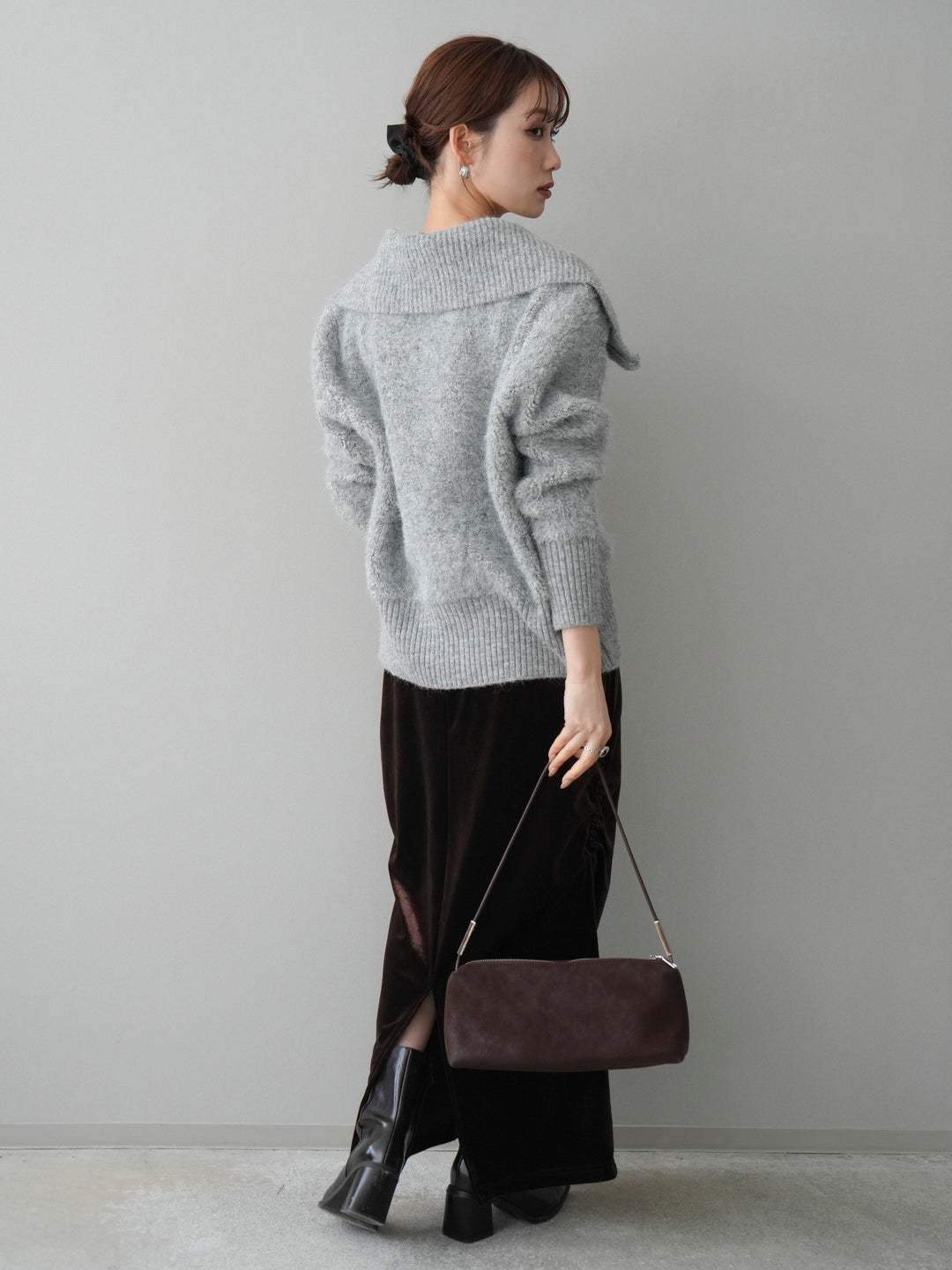 [SET]リブ襟ブークレZIPニットカーディガン+ギャザーベロアスカート(2set)