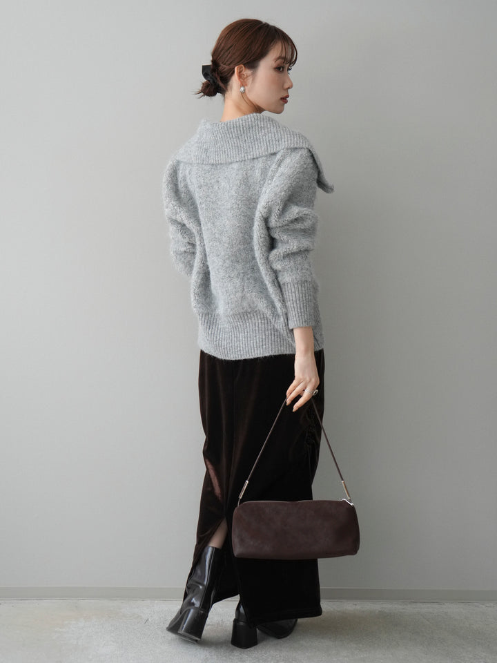 [SET]リブ襟ブークレZIPニットカーディガン+ギャザーベロアスカート(2set)