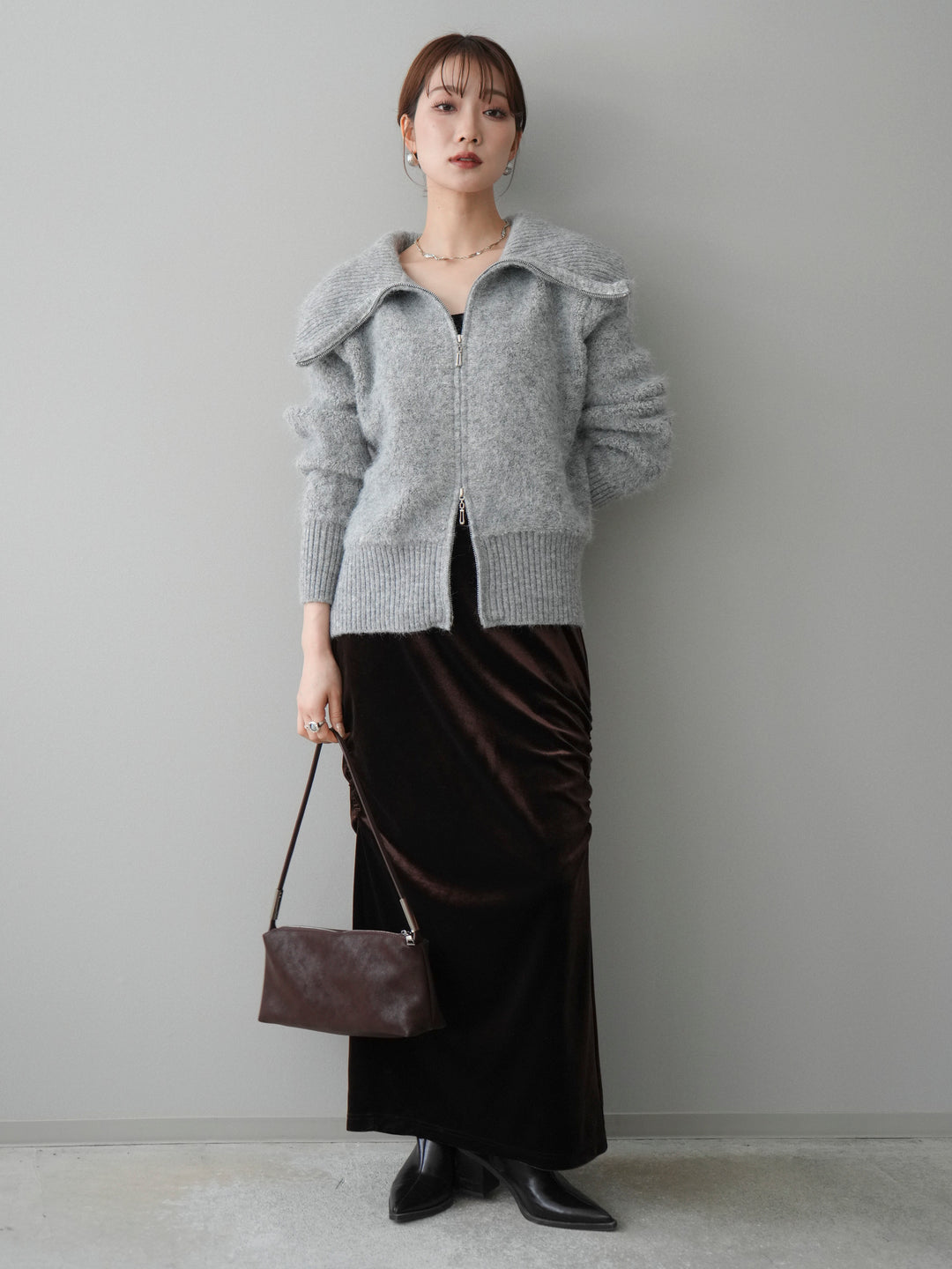 [SET]リブ襟ブークレZIPニットカーディガン+ギャザーベロアスカート(2set)