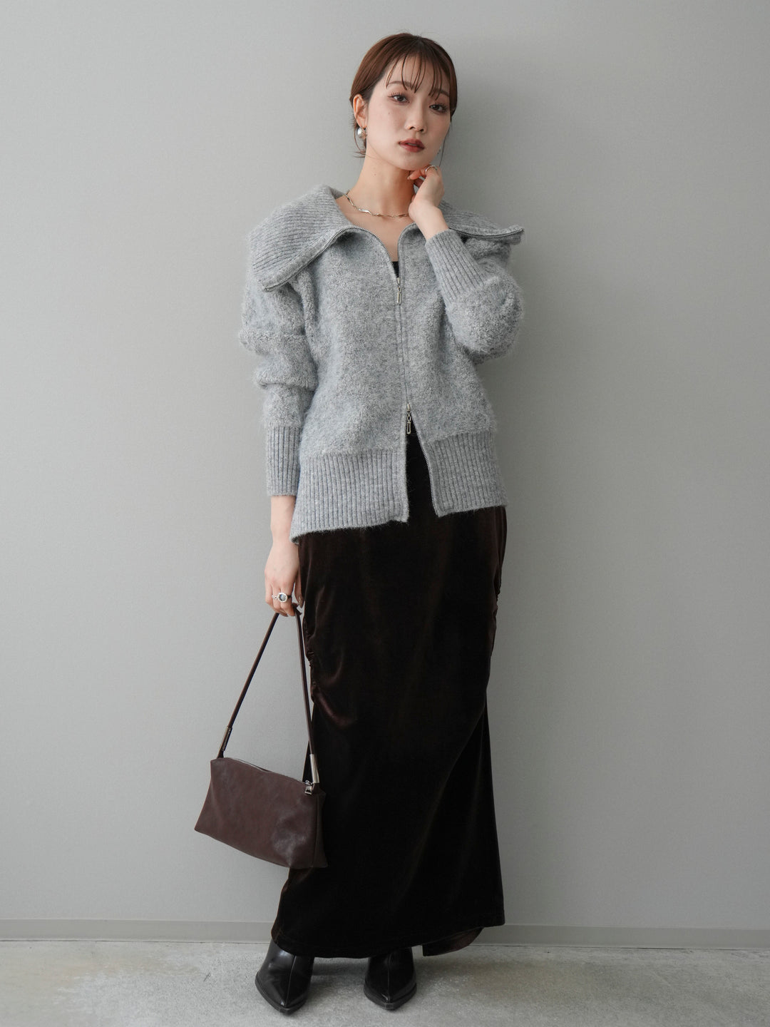 [SET]リブ襟ブークレZIPニットカーディガン+ギャザーベロアスカート(2set)