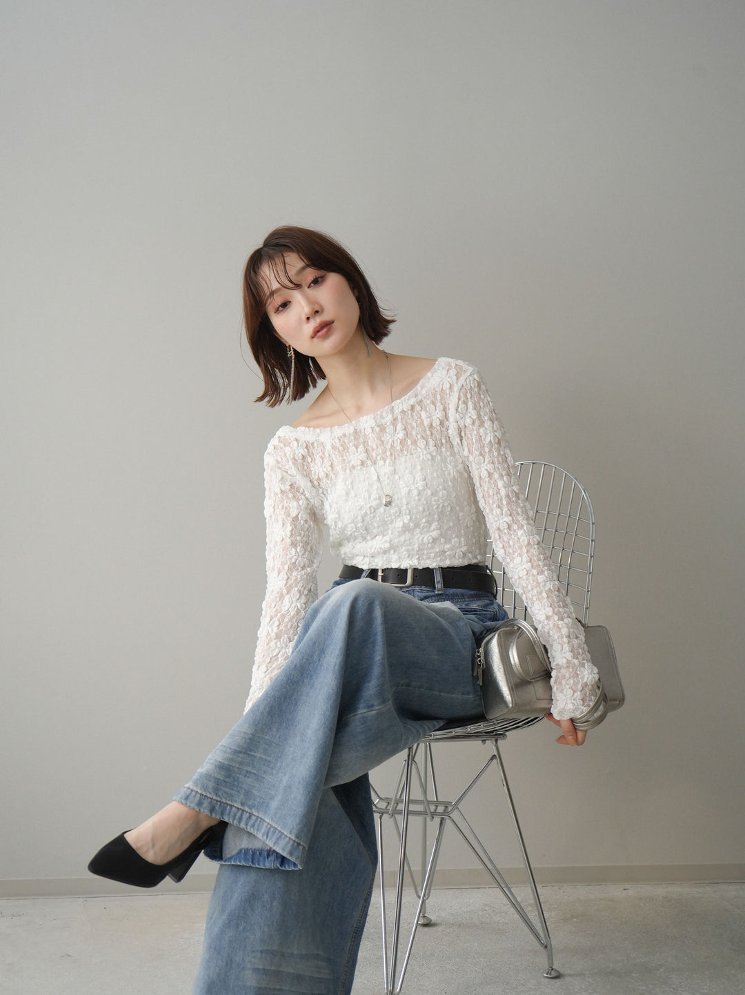 [予約]サイドギャザーレーストップス/white