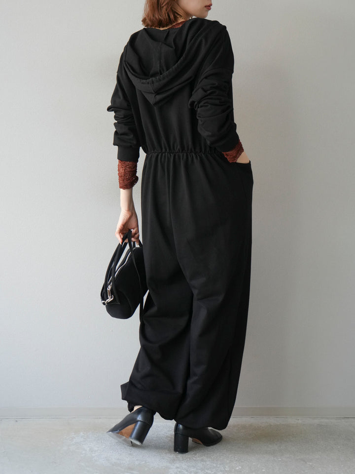 [予約]ミニ裏毛フーディージャンプスーツ/ブラック