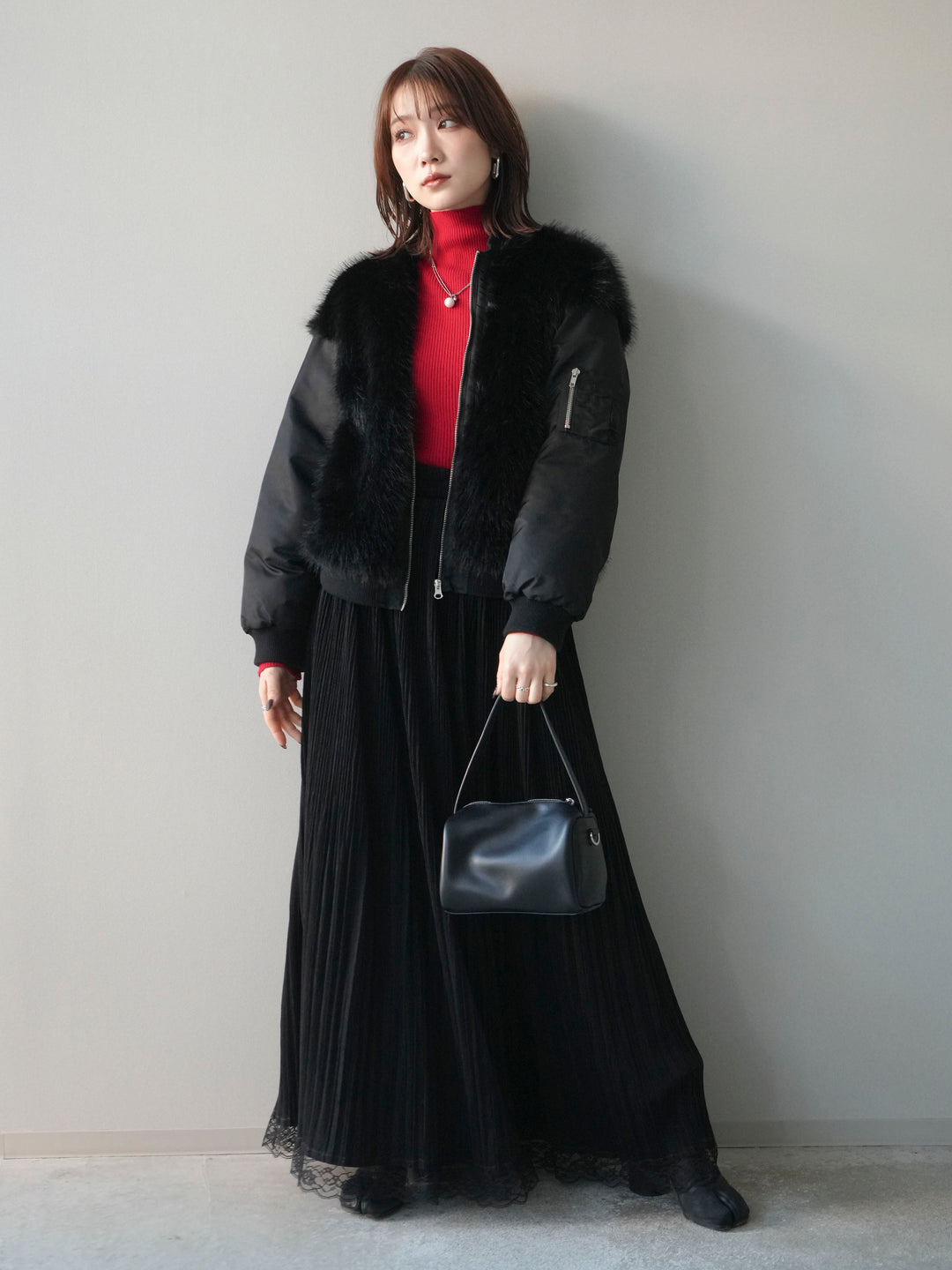 [SET]ファードッキングMA-1+袖ボタンボトルネックリブニットトップス+裾レーススウェードプリーツマキシスカート(3set)