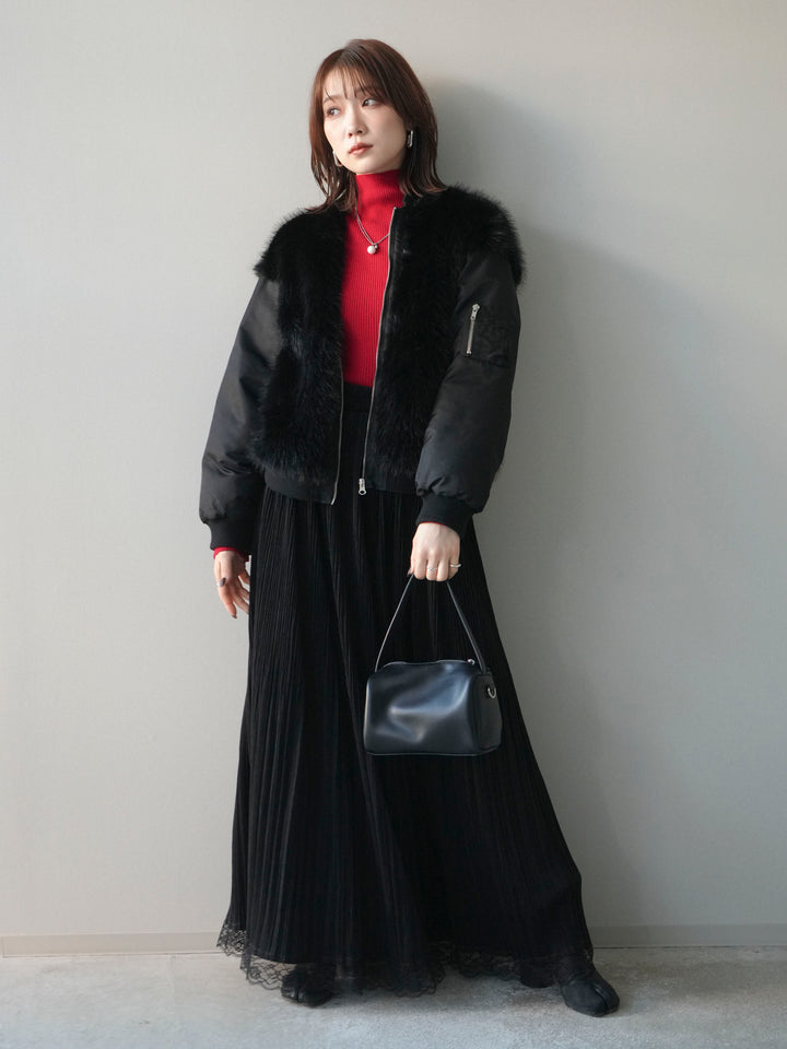 [SET]ファードッキングMA-1+袖ボタンボトルネックリブニットトップス+裾レーススウェードプリーツマキシスカート(3set)