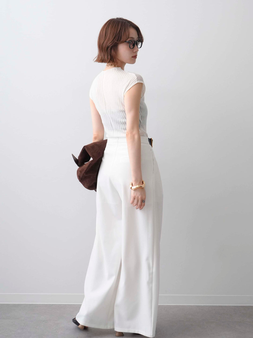 [SET]シアーリブフレンチニットトップス+アシンメトリーベルトタックワイドパンツ(2set)