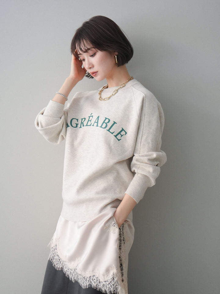 [予約]半ラバープリントロゴスウェットライクニットプルオーバー/oatmeal