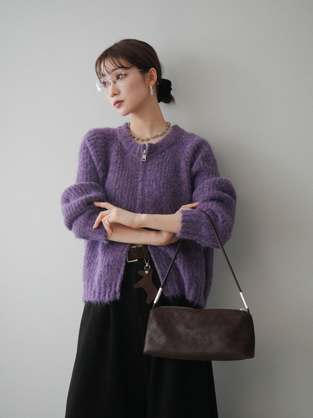 [予約]MIXヤーンモヘアタッチZIPニットカーディガン/purple