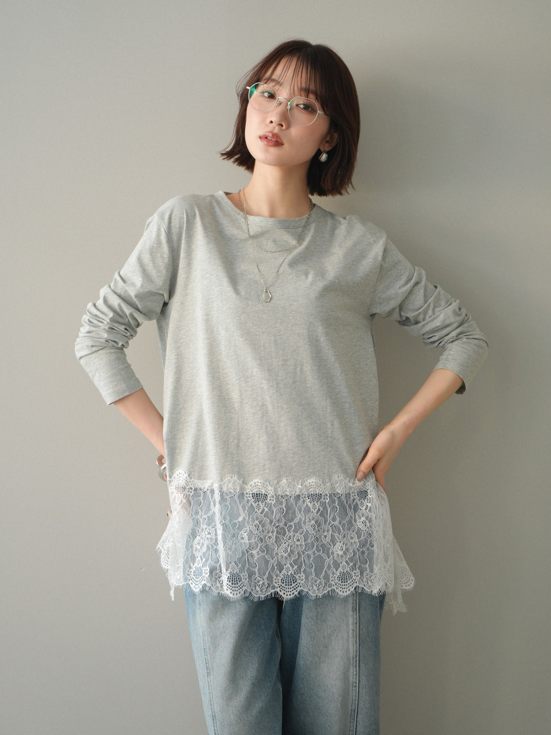 [SET]裾レースロングスリーブTシャツ+選べるアクセセット(2set)