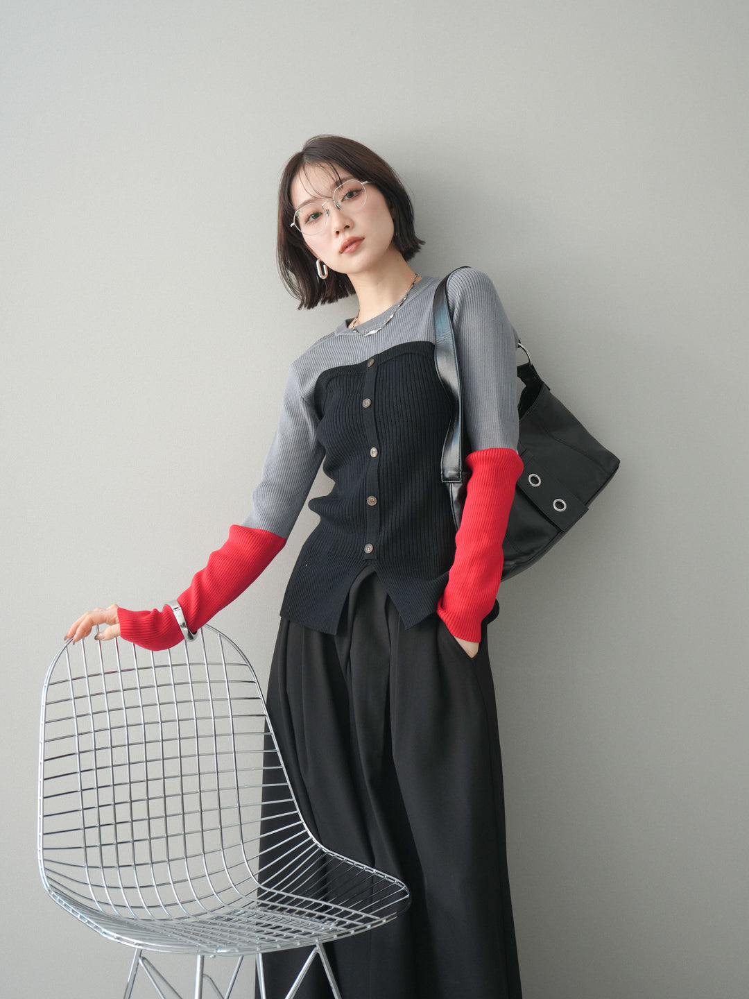 [SET]配色ビスチェドッキングリブニットトップス+選べるアクセセット(2set)