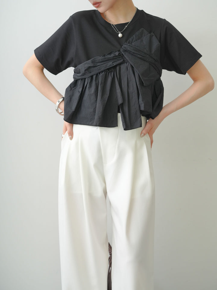 [SET]ナイロンドッキングツイストTEE +アシンメトリーベルトタックワイドパンツ(2set)
