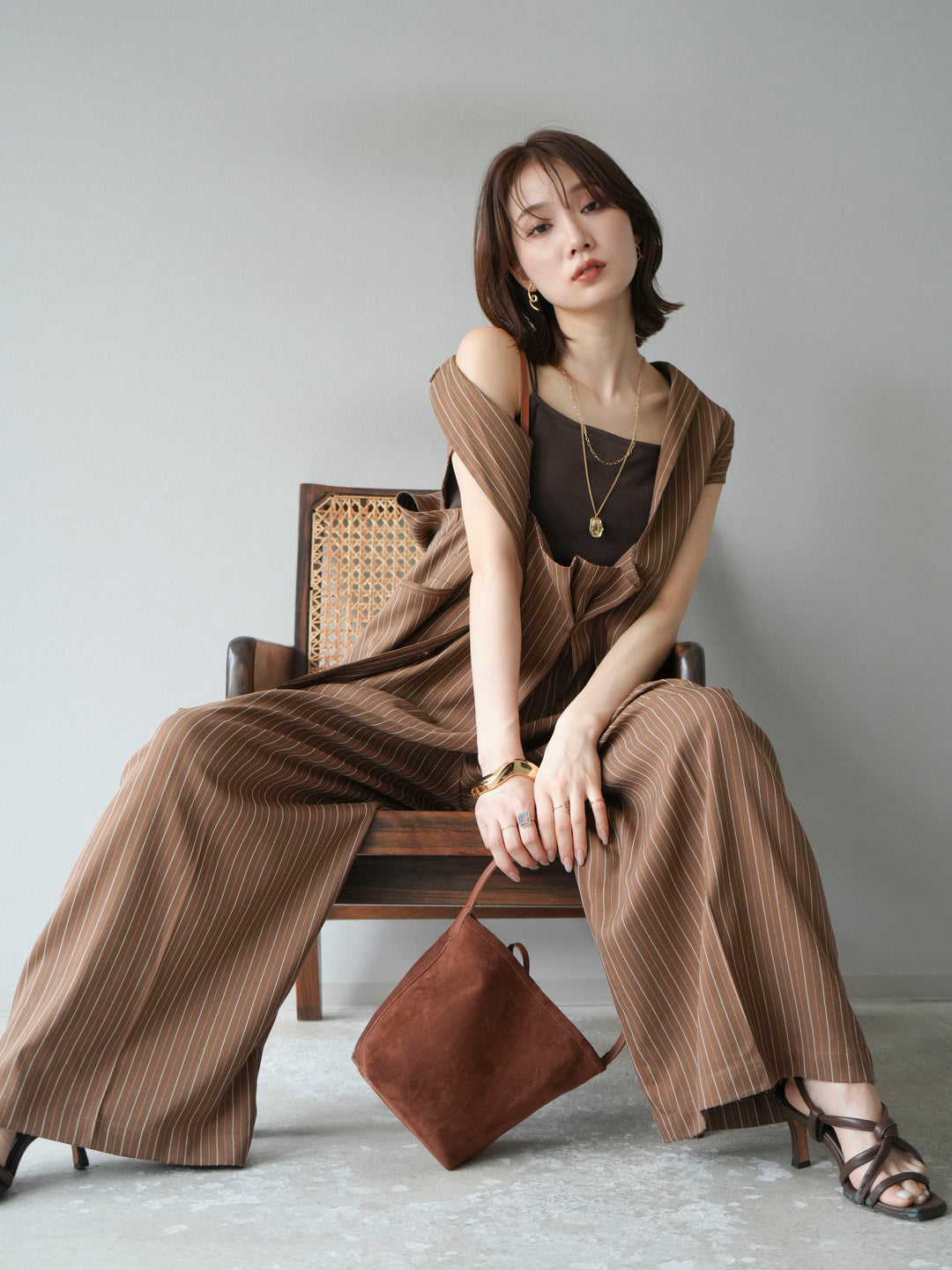 [予約]ヘリンボーンストライプサロペット/ブラウン