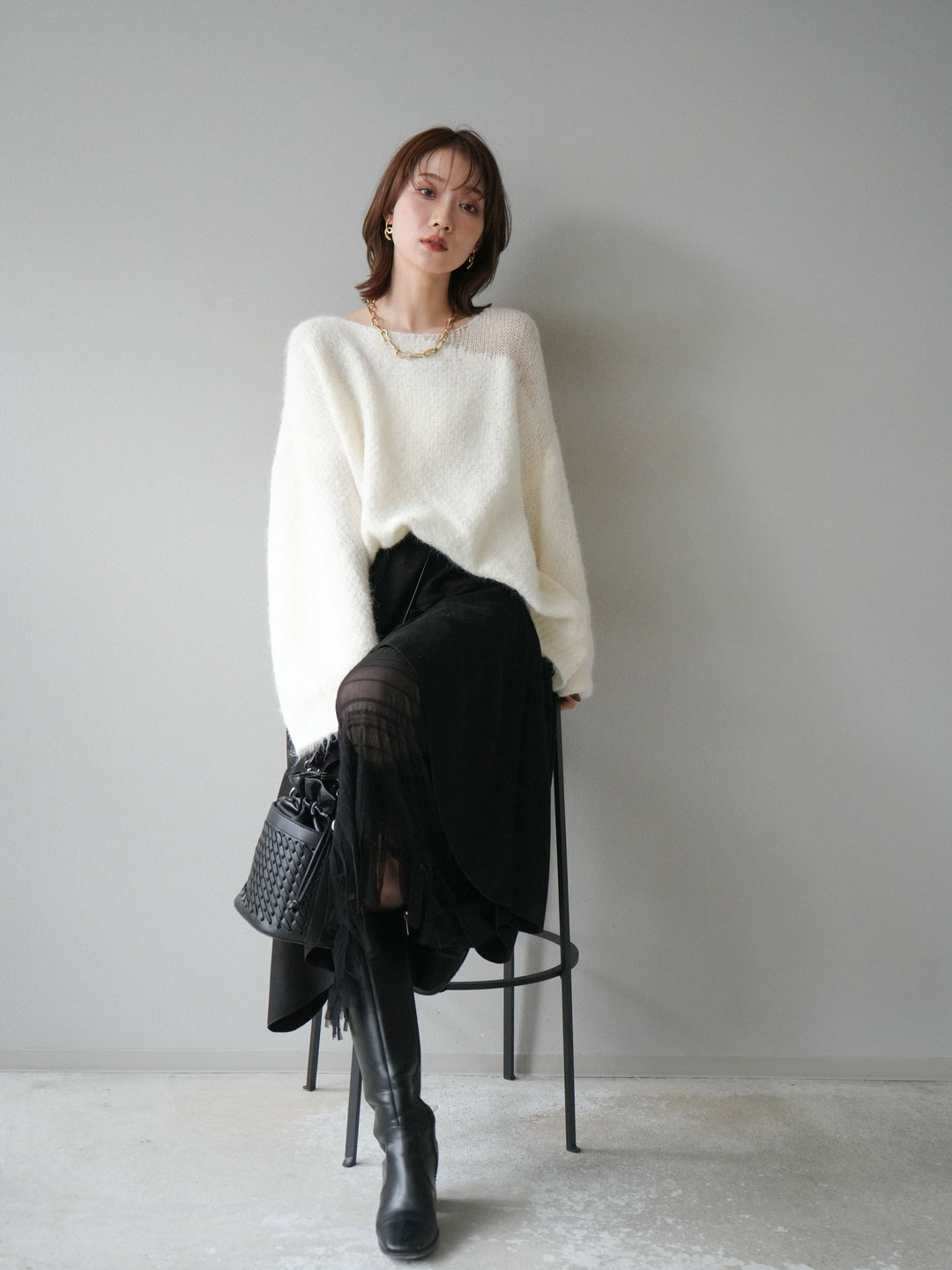 [予約]ネック透かし編みニットプルオーバー/ホワイト