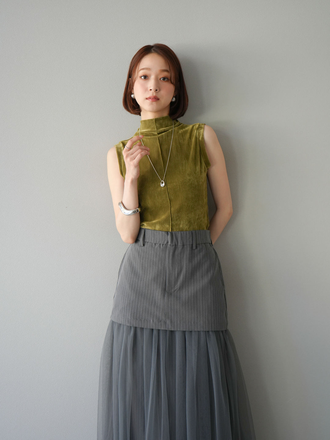 [予約]シアーベロアプチネックノースリーブトップス/カーキ