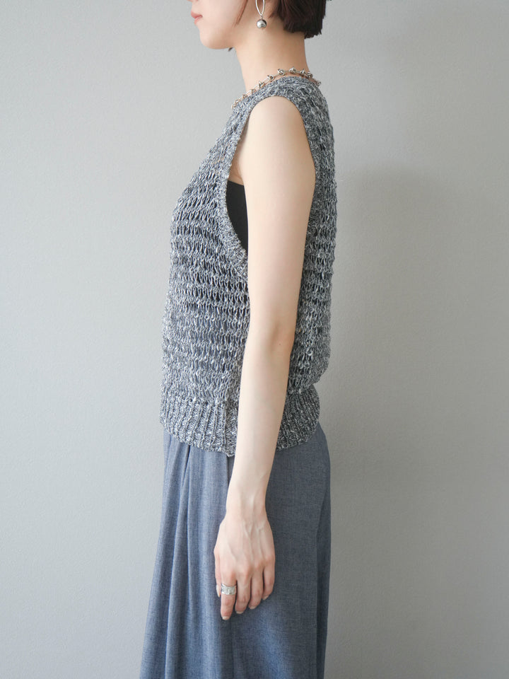 [予約]ミックスヤーン透かし編みニットタンクトップ/ブラック