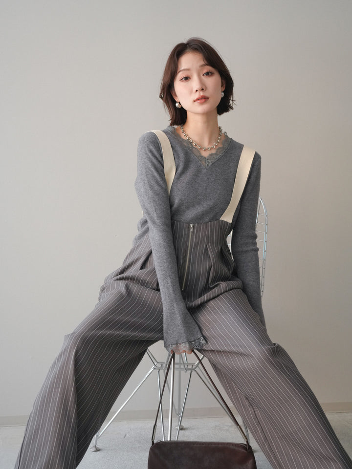 [予約]レースドッキングVネックニットトップス/gray