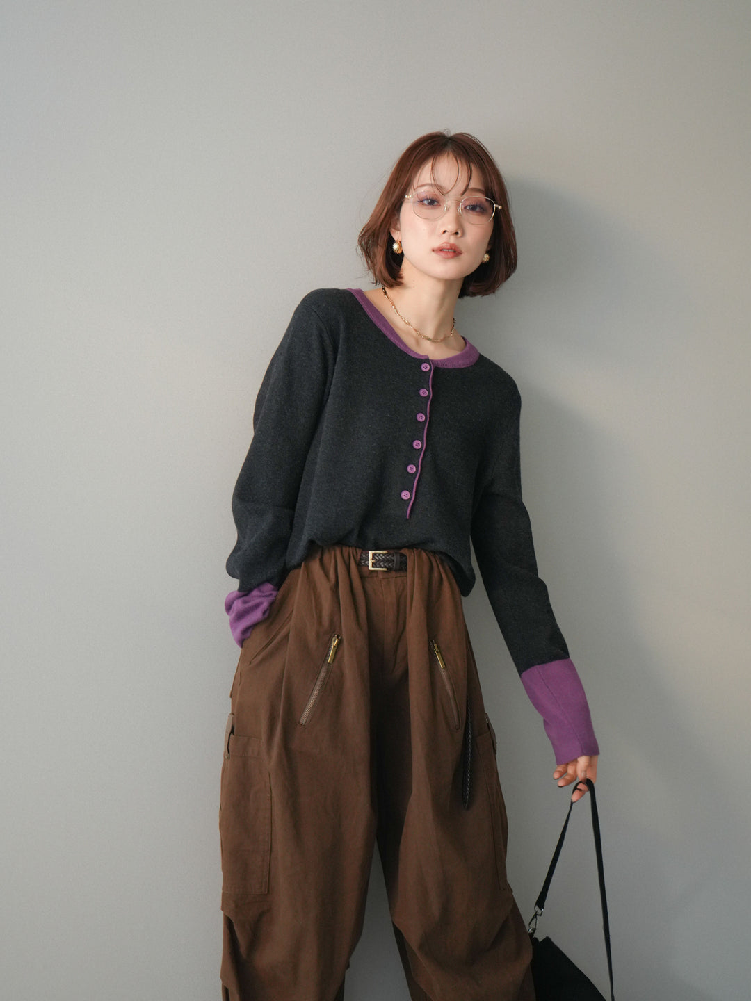 [SET]ヘンリーネック配色ニットソー+ヘンリーネック配色ニットソー(2set)