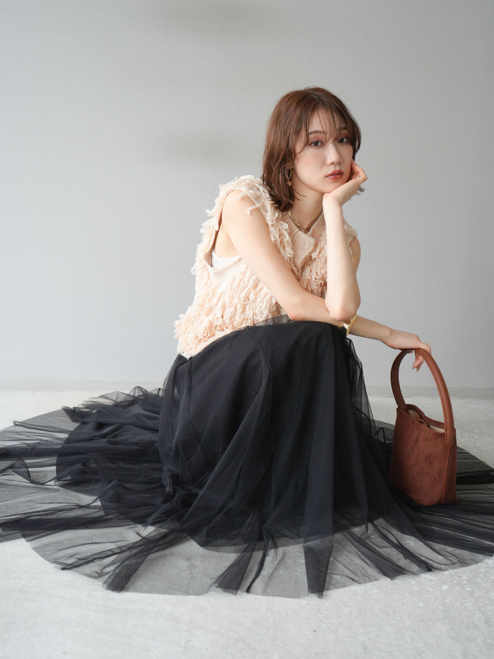 [SET] 前開衩針織背心 + 薄紗蓬鬆裙 (2 件套)