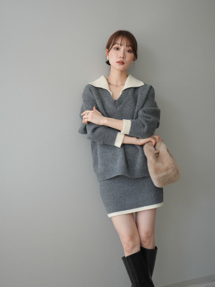 [SET]配色襟ニット＆ミニスカートSET UP+配色襟ニット＆ミニスカートSET UP(2set)