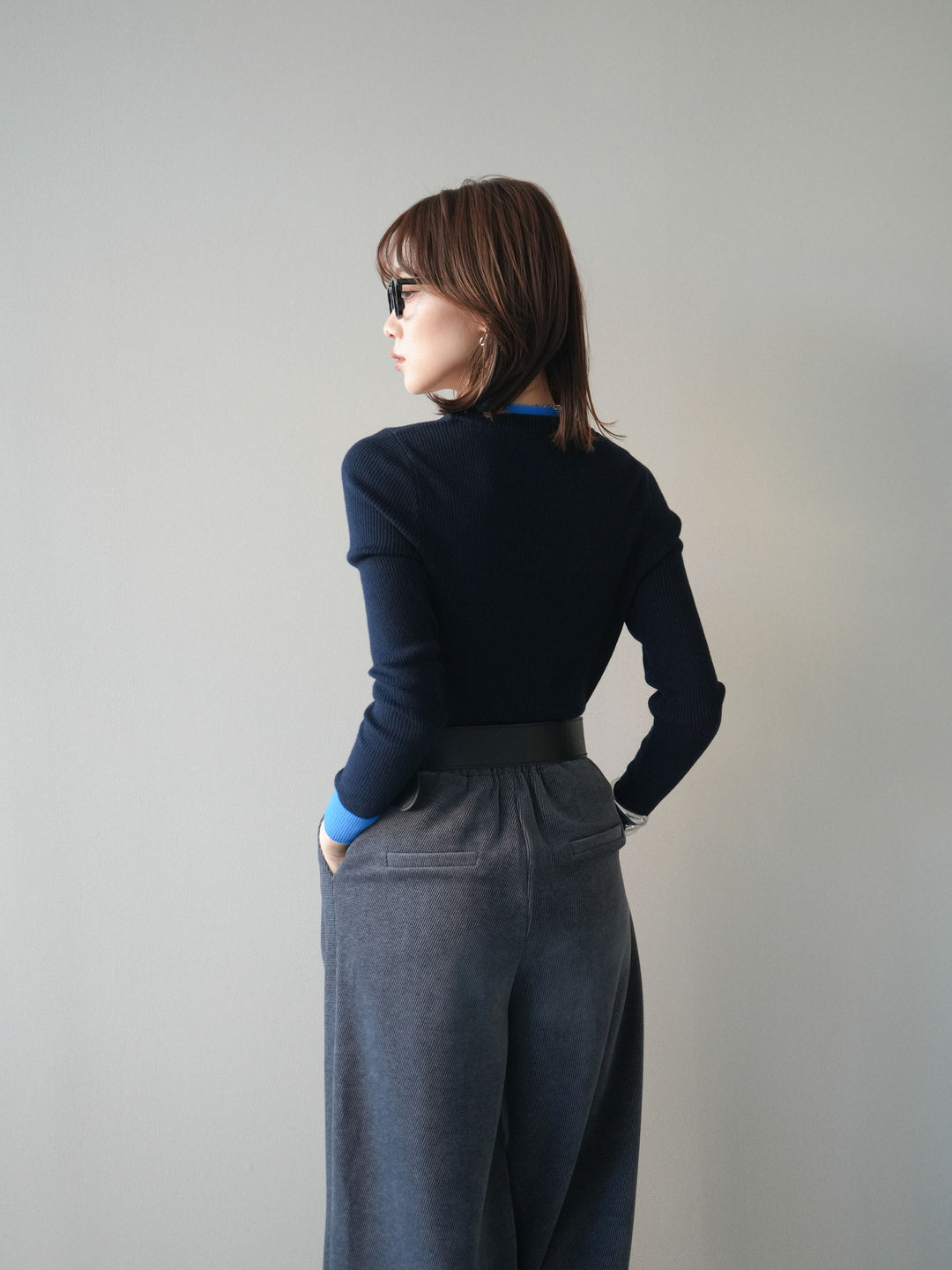 [予約]Uネック配色レイヤードリブニットトップス/black