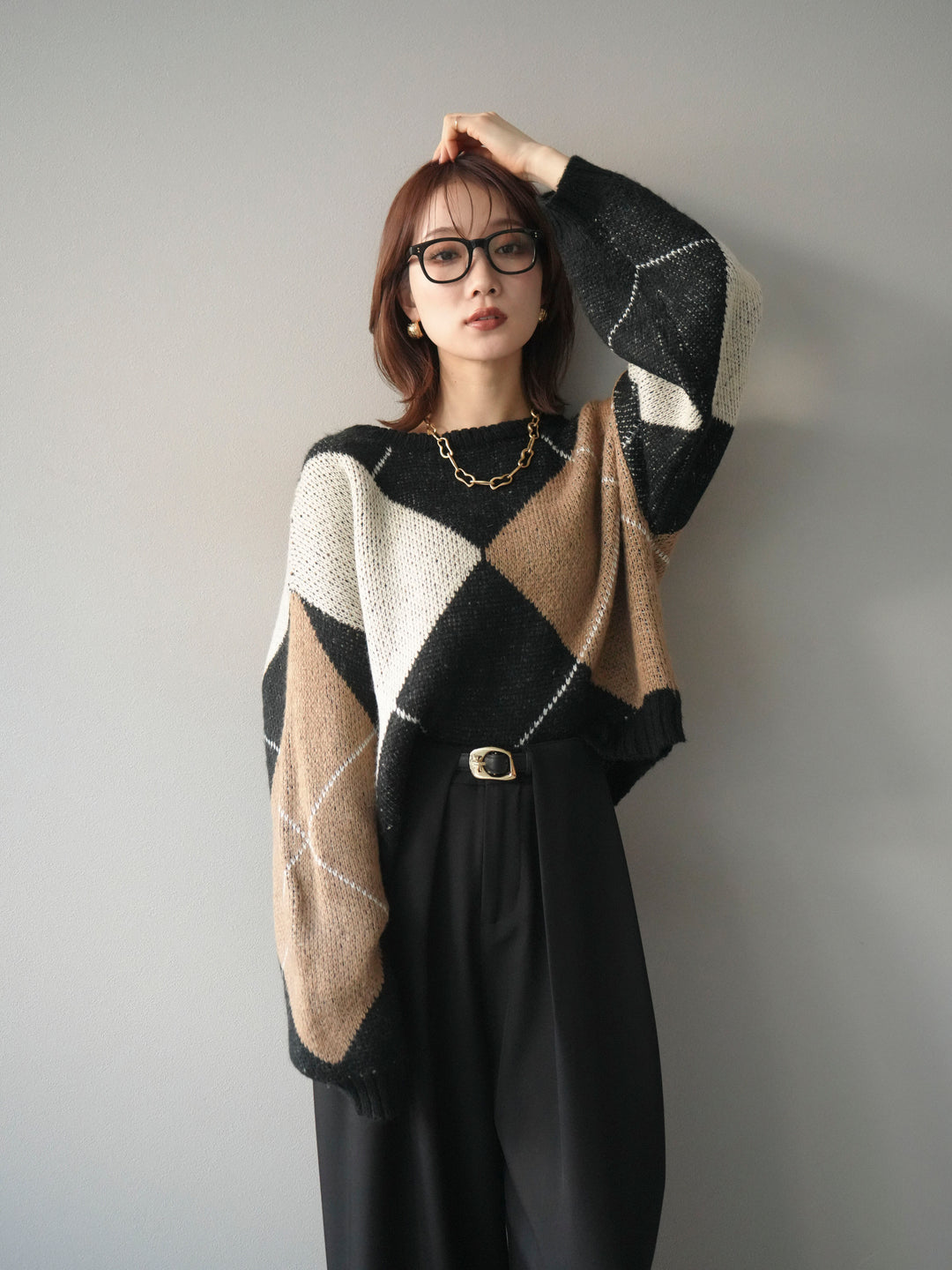 [SET]配色ステッチアーガイル柄ニットプルオーバー+ベルトループデザインワイドパンツ(2set)