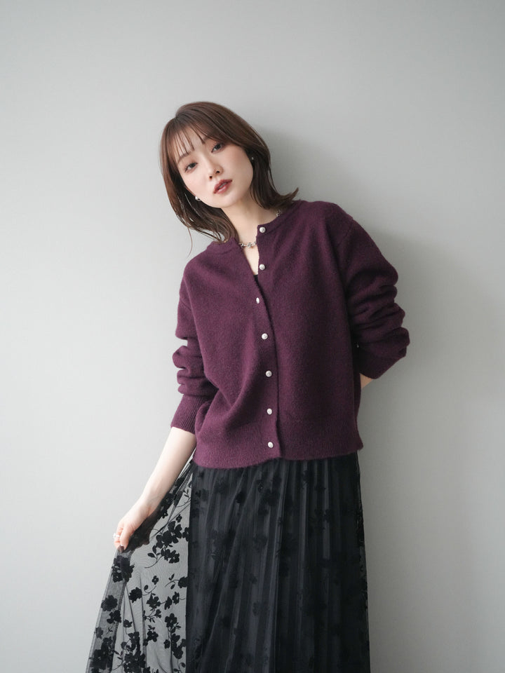 [SET]アンティークボタンニットカーディガン+フラワーフロッキーチュールプリーツスカート(2set)
