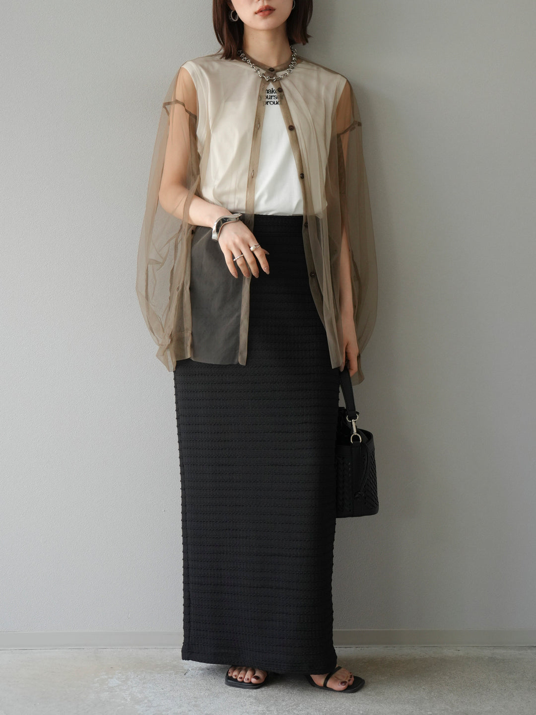 [予約]2WAYスリーブチュールシャツ/グレージュ