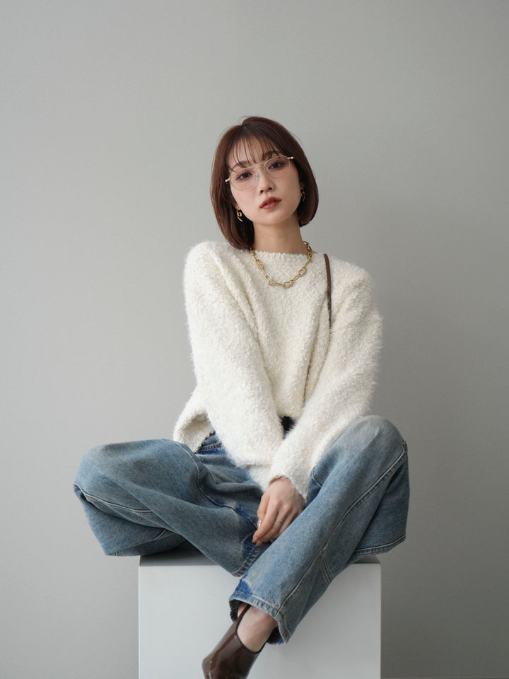 [SET]モールラメミックスヤーンニットプルオーバー+ベルト付カーブデニムパンツ(2set)