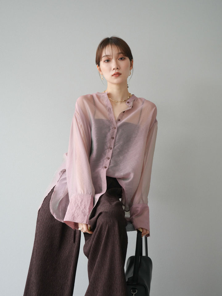 [SET] 亮面透視立領襯衫 + 柳葉寬褲 (2set)