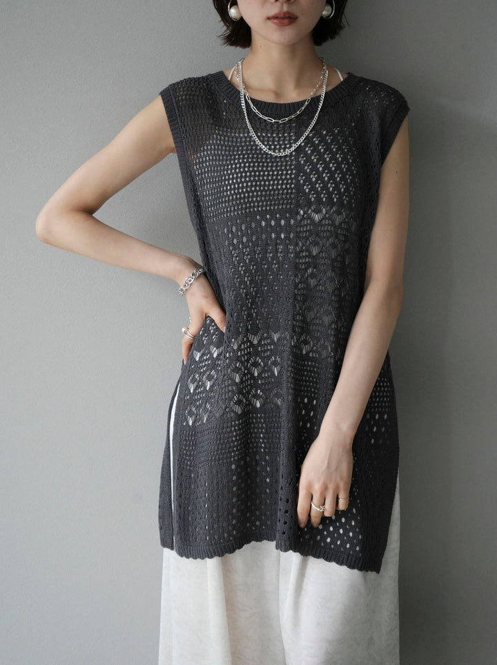 [Pre-order] Openwork side slit knit top/charcoal