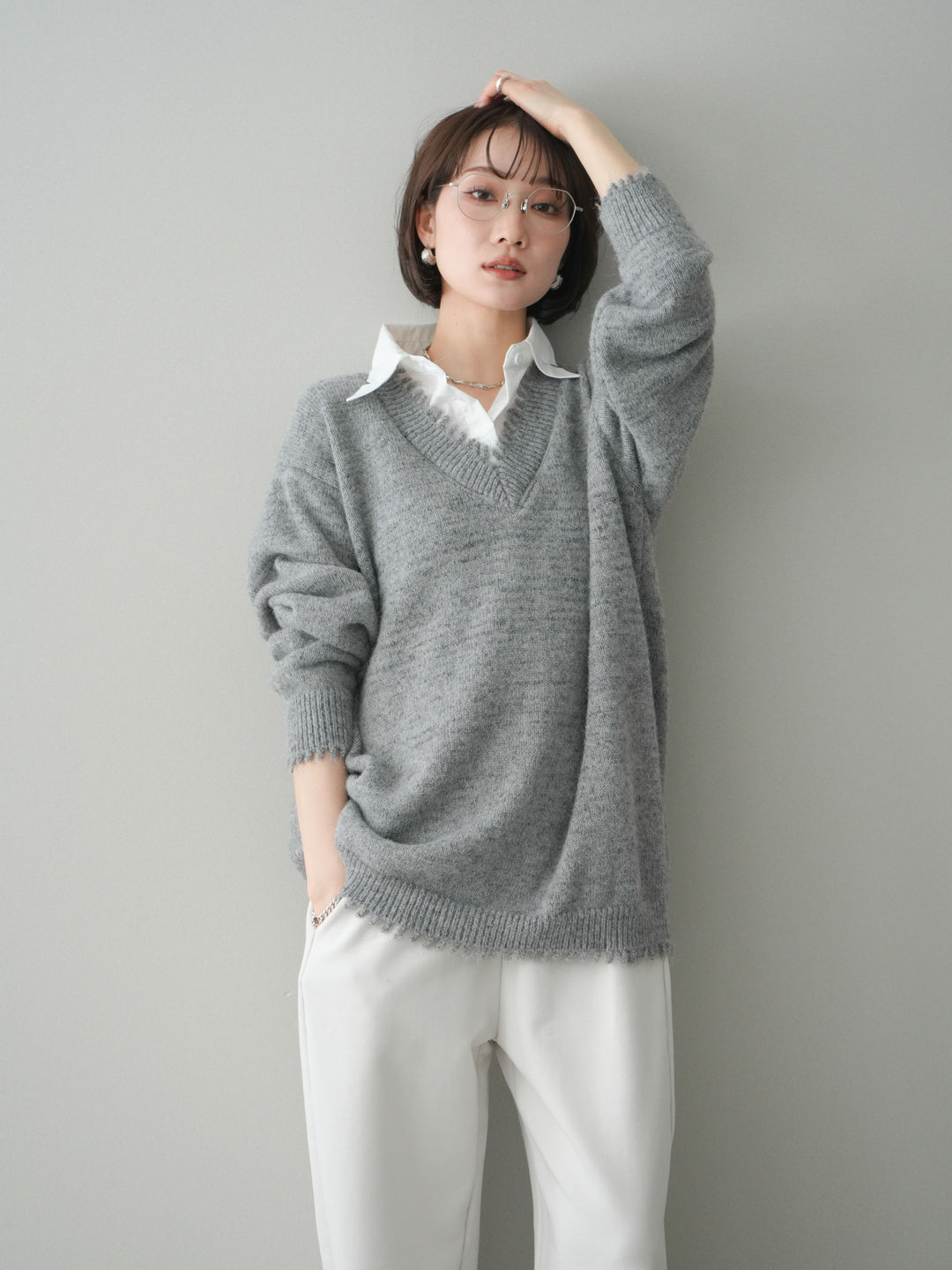 [予約]シャツドッキングVネックフリンジニットプルオーバー/gray