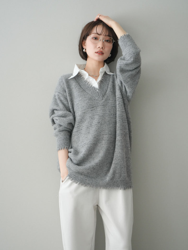 [予約]シャツドッキングVネックフリンジニットプルオーバー/gray